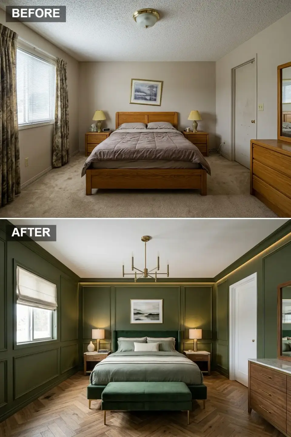 Moody monochromatic bedroom with deep moss green box paneling on every wall, hidden cove lighting behind crown molding, herringbone oak floor, and marble topped nightstands