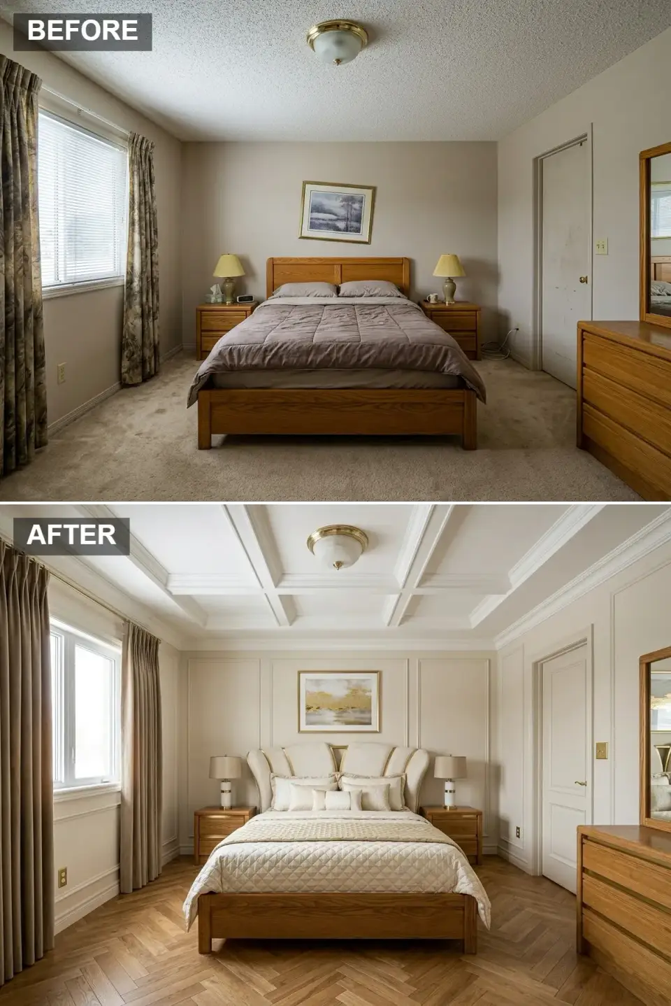 Parisian bedroom with white coffered ceiling, picture frame moulding, herringbone oak floor, wingback upholstered bed, and warm taupe silk drapery