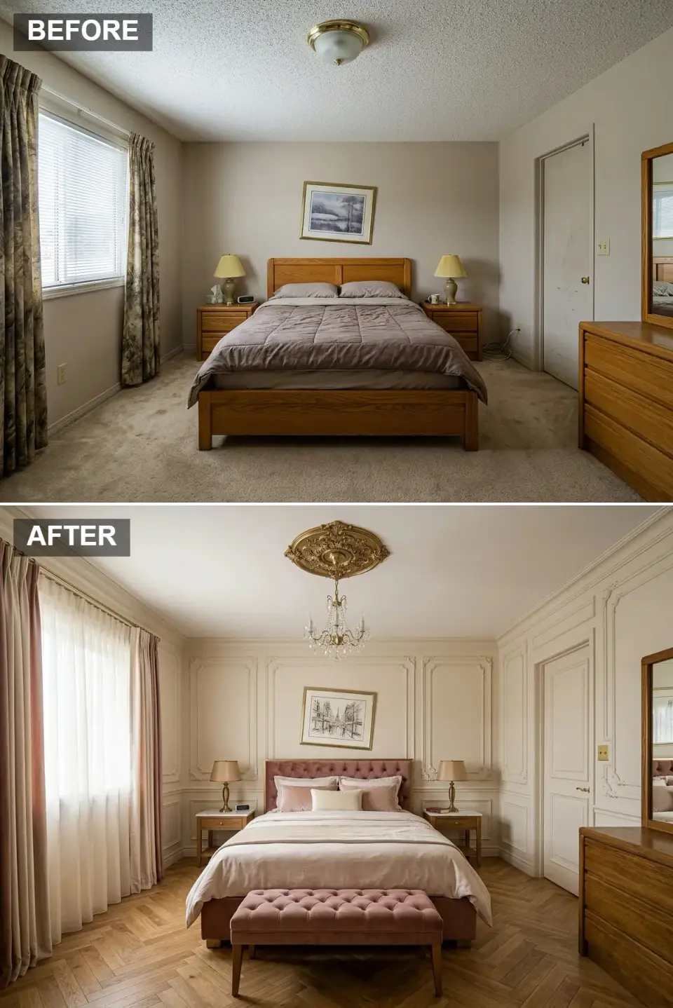 Rococo bedroom with plaster ceiling medallion, crystal chandelier, Louis XVI boiserie paneling, blush tufted velvet bed, and herringbone oak floor