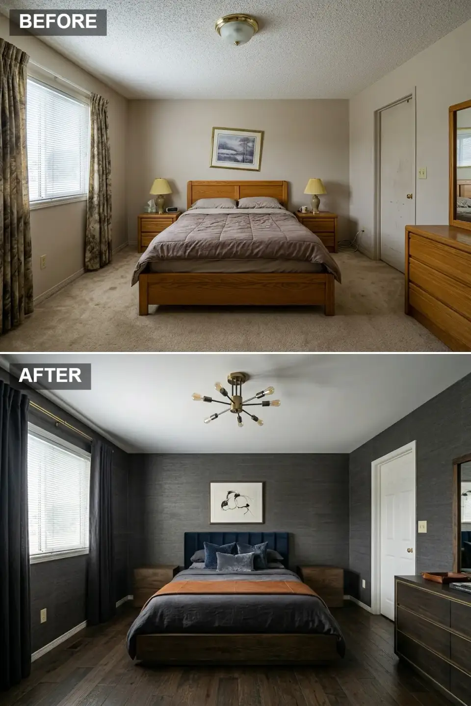 Moody bedroom with charcoal grasscloth walls, ebony stained oak floor, navy velvet channel tufted headboard, and a brass sputnik chandelier with Edison bulbs