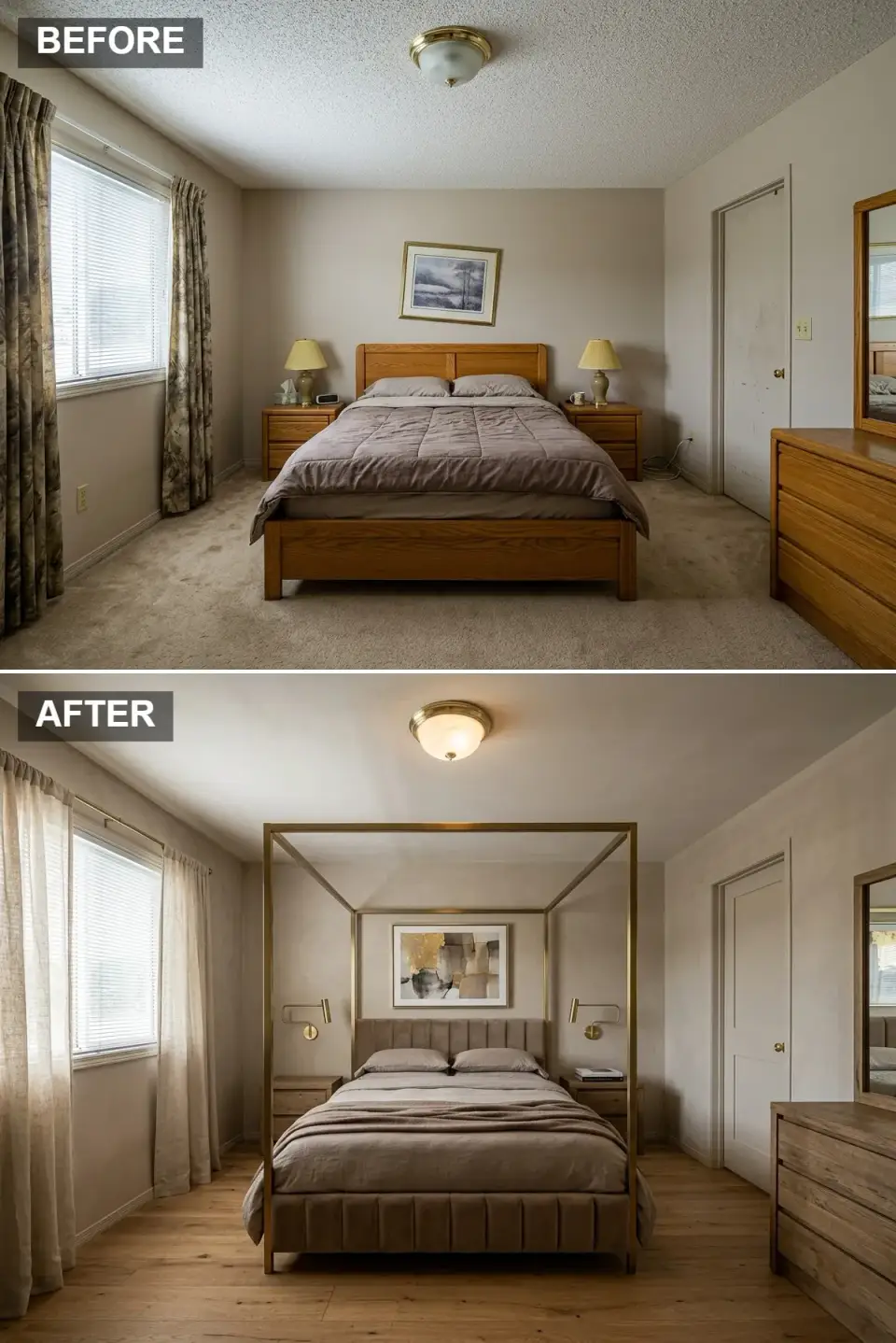 Bedroom with brass four poster canopy bed, taupe velvet channel tufted upholstery, brass swing arm sconces, and pale oak floors
