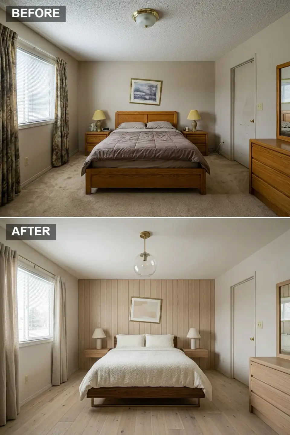 Japandi bedroom with floor to ceiling white oak vertical slat wall, low walnut platform bed, floating oak nightstands, and a glass globe pendant