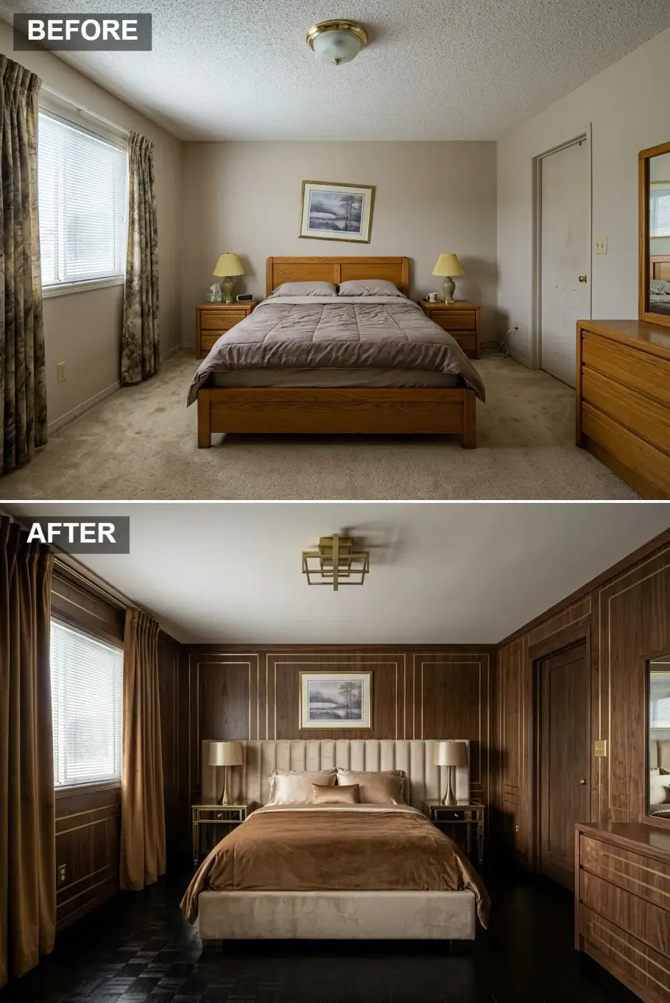1930s inspired bedroom with rich walnut wall paneling and brass inlay, ebony herringbone floor, tall champagne velvet channel tufted headboard, and mirrored nightstands