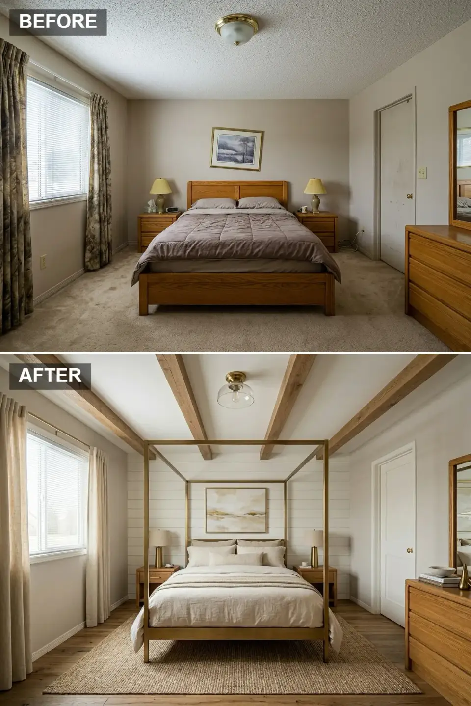 Modern farmhouse bedroom with raw wood ceiling beams, white shiplap accent wall, brass four poster canopy bed, natural jute rug, and oak nightstands