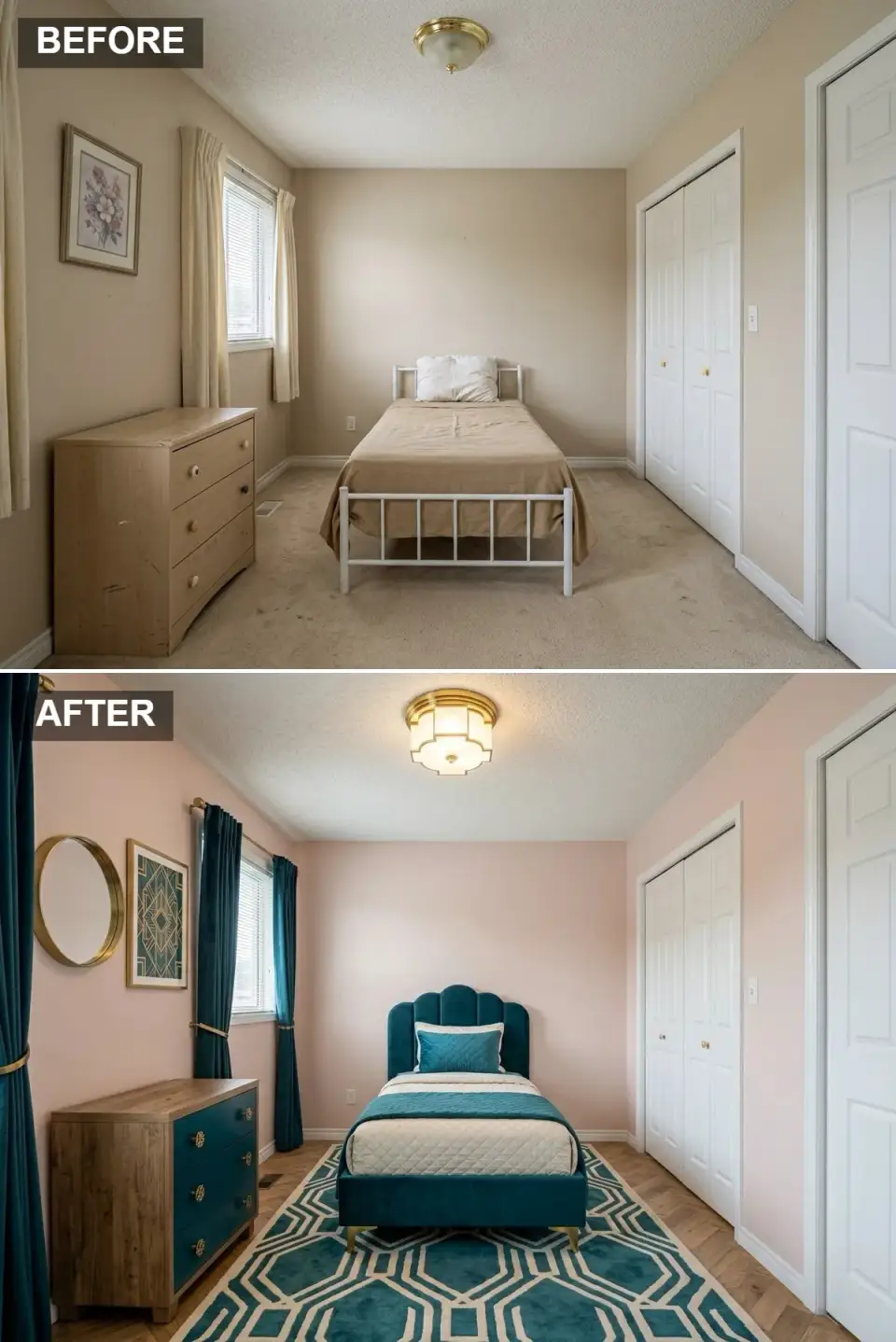 Kids' bedroom makeover in Art Deco style with soft blush plaster walls, herringbone hardwood, deep teal velvet platform bed with scalloped headboard and brass legs, two-tone oak-and-teal dresser with starburst brass knobs, and a teal-and-cream geometric rug