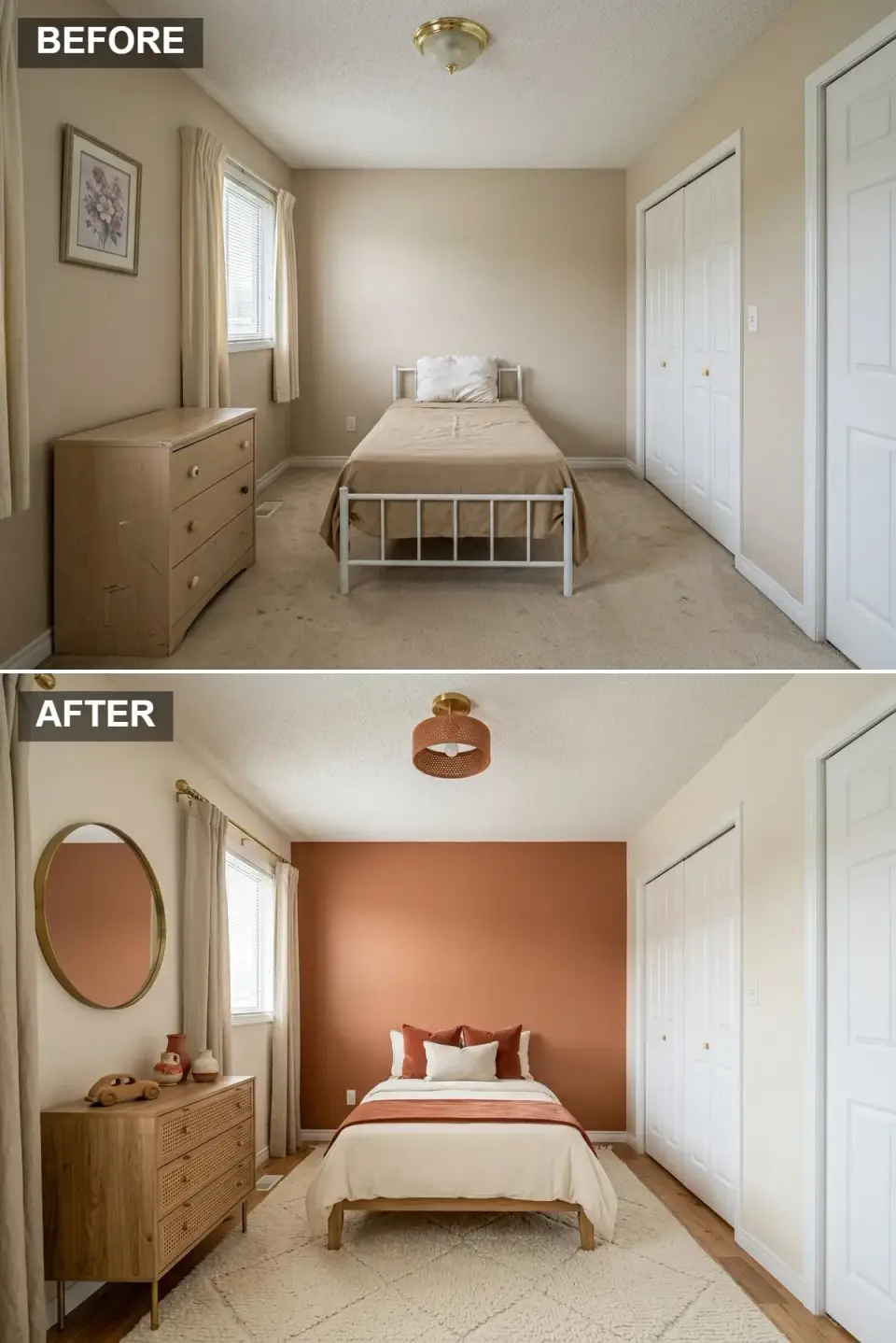 Boho desert kids' bedroom with terracotta accent wall, natural linen white side walls, warm oak hardwood, light wood platform bed with white and terracotta linens, cane-front oak dresser with brass legs, terracotta perforated drum ceiling light, natural linen curtains, ceramic vases, and thick cream textured rug