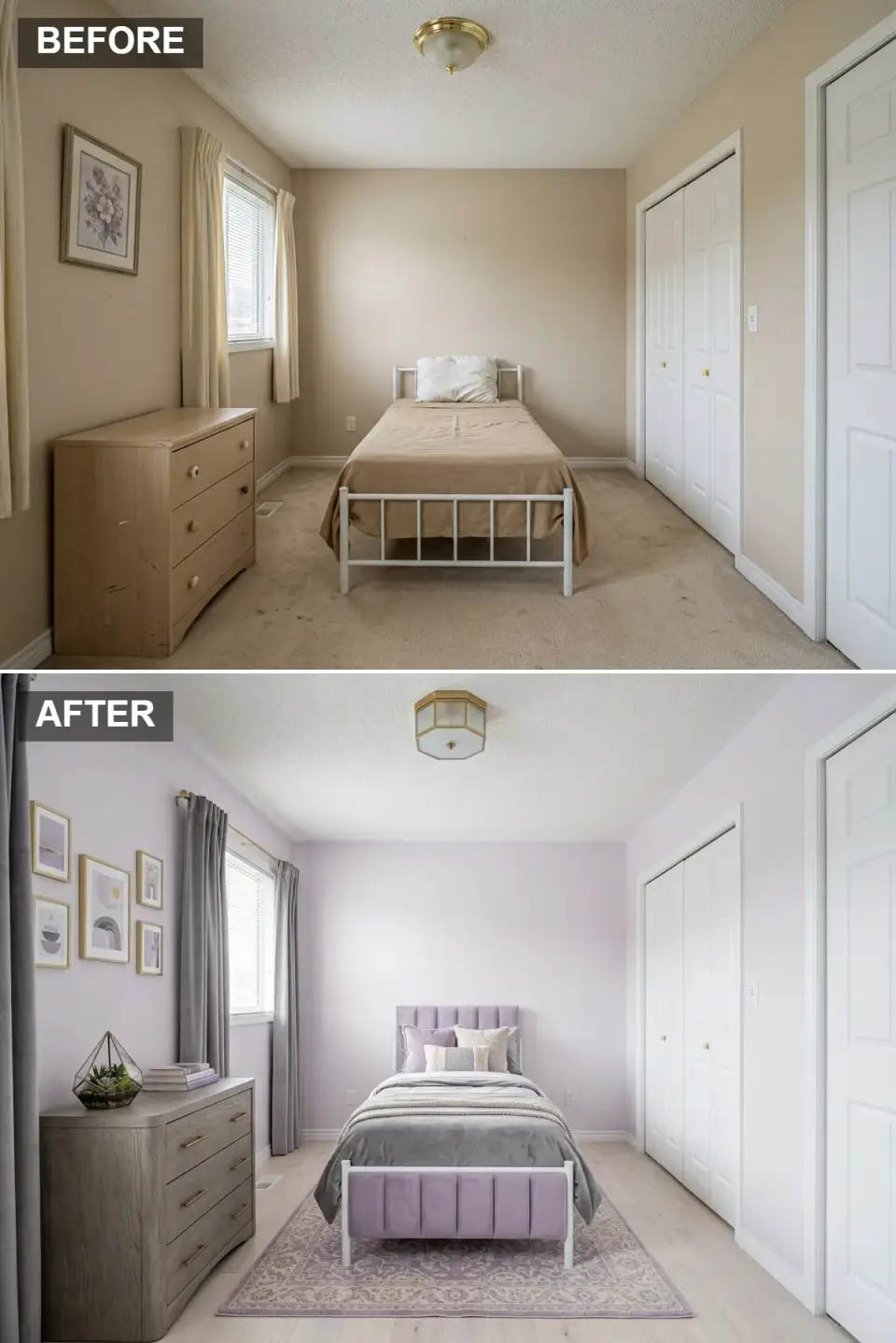 Lilac children's bedroom with soft lavender walls, whitewashed oak flooring, lilac channel-tufted bed with white metal accents, gray-washed oak dresser with brass pulls, gray velvet curtains, gallery wall of five abstract prints in brass frames, patterned lavender rug, and a geometric glass terrarium with a succulent