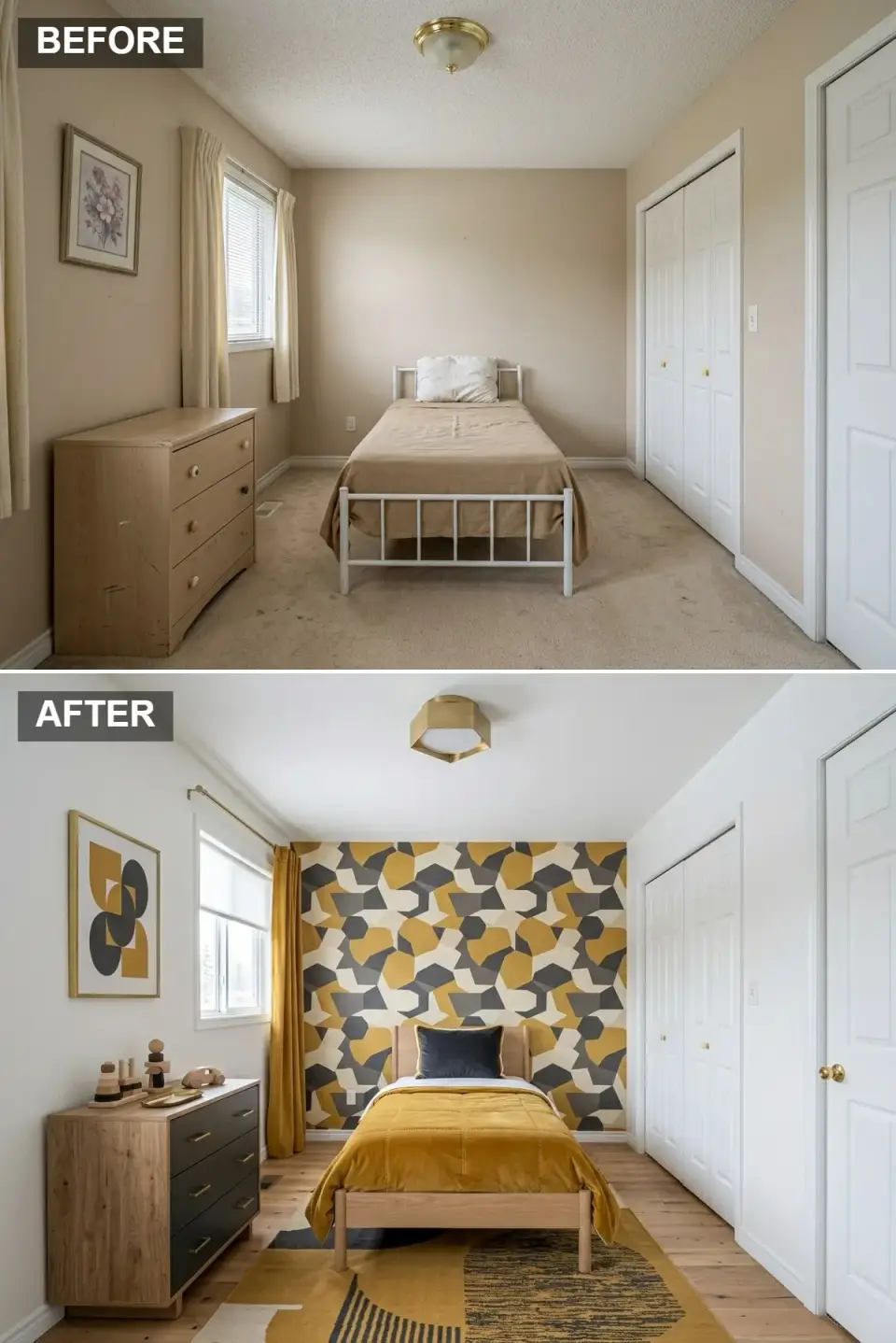 Bold geometric kids' bedroom with statement wallpaper in mustard yellow, charcoal gray, black and cream shapes, light oak hardwood, blonde wood platform bed in mustard velvet with navy pillow, oak dresser with matte black drawer fronts and brass handles, mustard velvet curtains, brass hexagonal flush mount, and color-blocked geometric rug