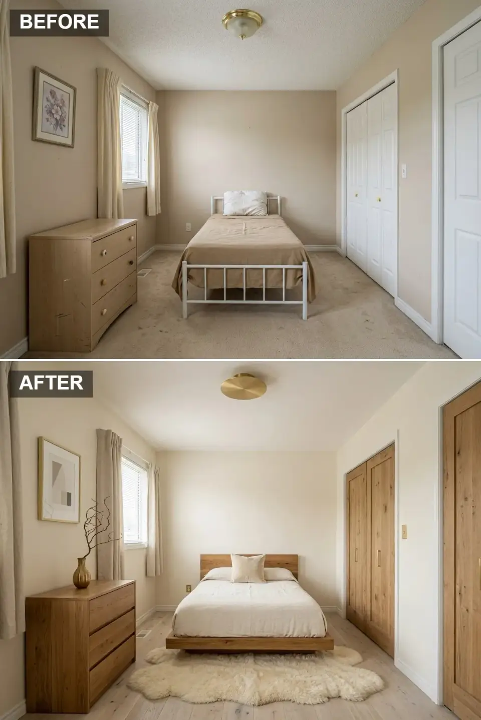 Minimalist Scandinavian kids' bedroom with natural wood slab closet and entry doors, warm white plaster walls, bleached oak plank flooring, low solid wood platform bed dressed in natural linen, matching solid wood dresser, simple brass disc flush mount, cream sheepskin rug, and a brass vase with twisted branches
