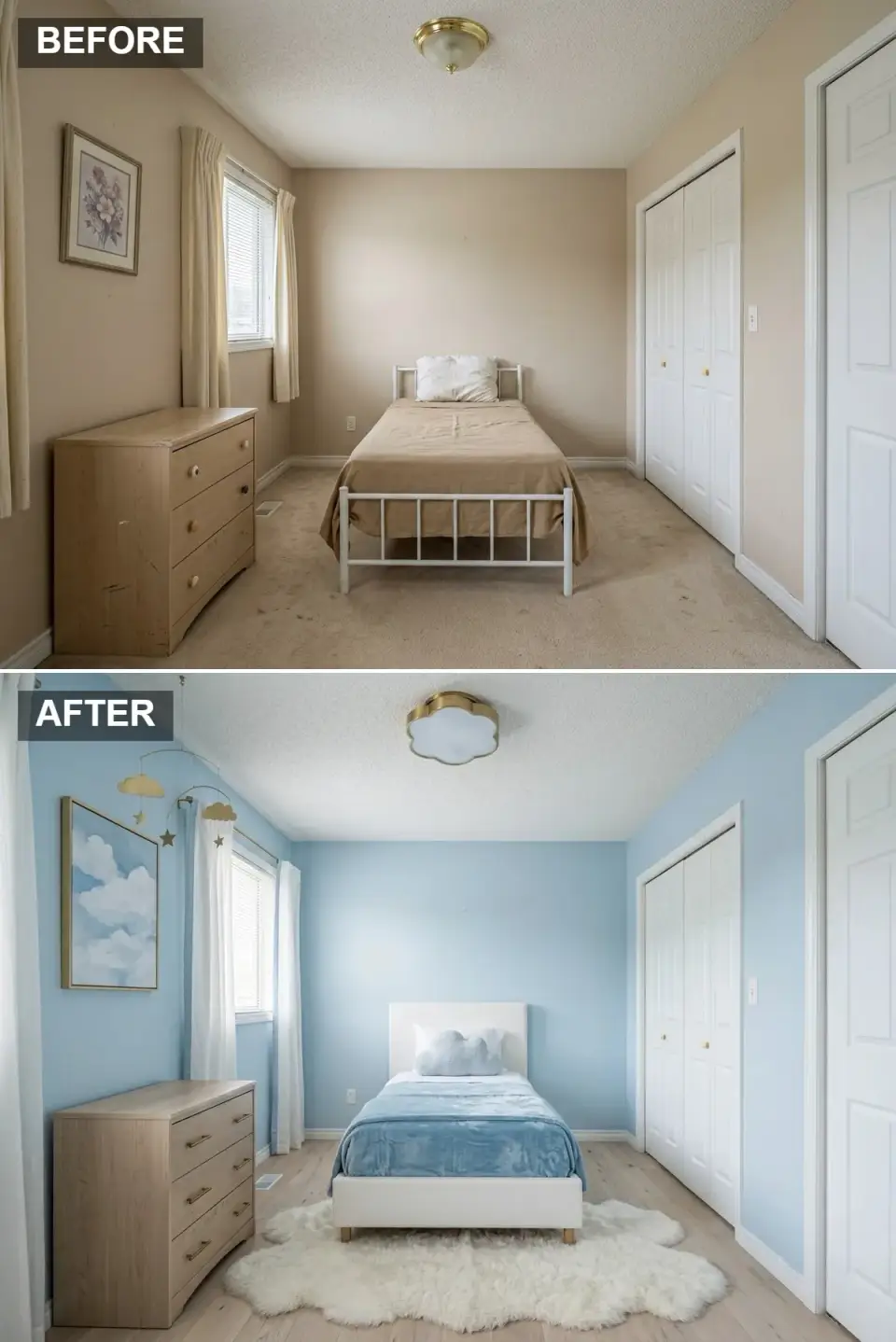 Soft sky-blue children's bedroom with pale oak hardwood, white upholstered platform bed dressed in light blue linens with a cloud-shaped accent pillow, pale-oak four-drawer dresser with brass pulls, sheer white curtains, cloud-shaped brass ceiling fixture, celestial mobile, and white faux-fur rug