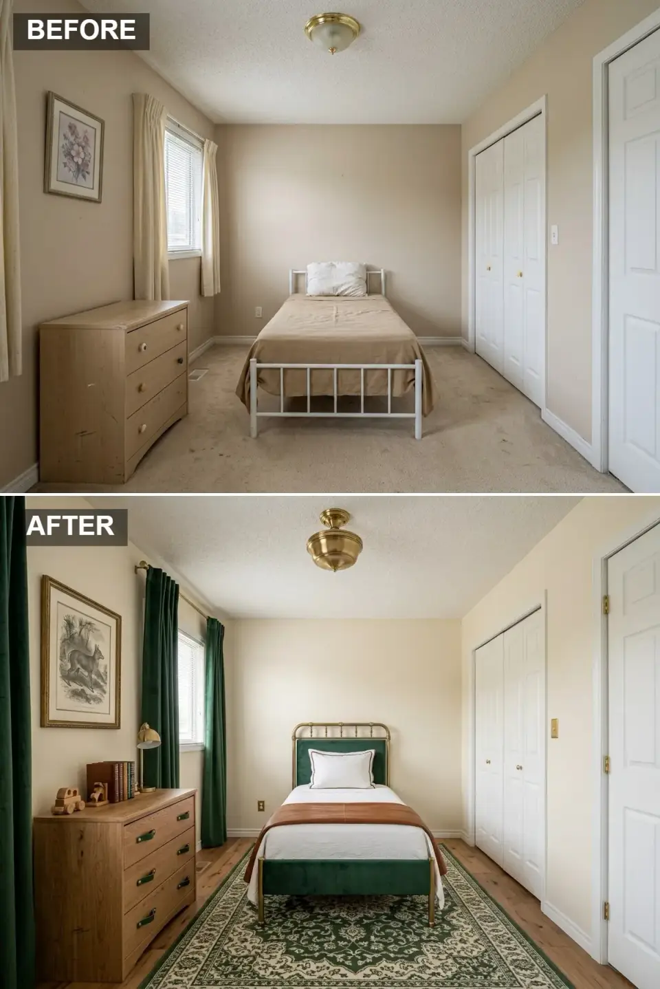 Vintage forest lodge children's bedroom with warm cream walls, honey-oak hardwood floor, vintage brass spindle bed with emerald velvet panels, solid oak chest with green leather pulls, heavy emerald velvet curtains, ornate green-and-cream traditional rug, vintage deer etching, and brass desk lamp