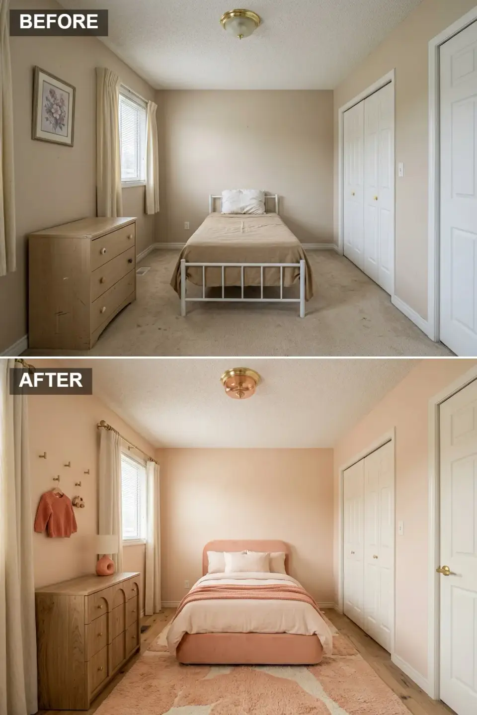 Warm peach plaster bedroom with pale hardwood, peach upholstered platform bed with white and peach layered linens, oak dresser with arched drawer fronts and brass knobs, cream linen curtains, brass wall hooks, sculptural peach ceramic lamp, and abstract peach-and-cream area rug