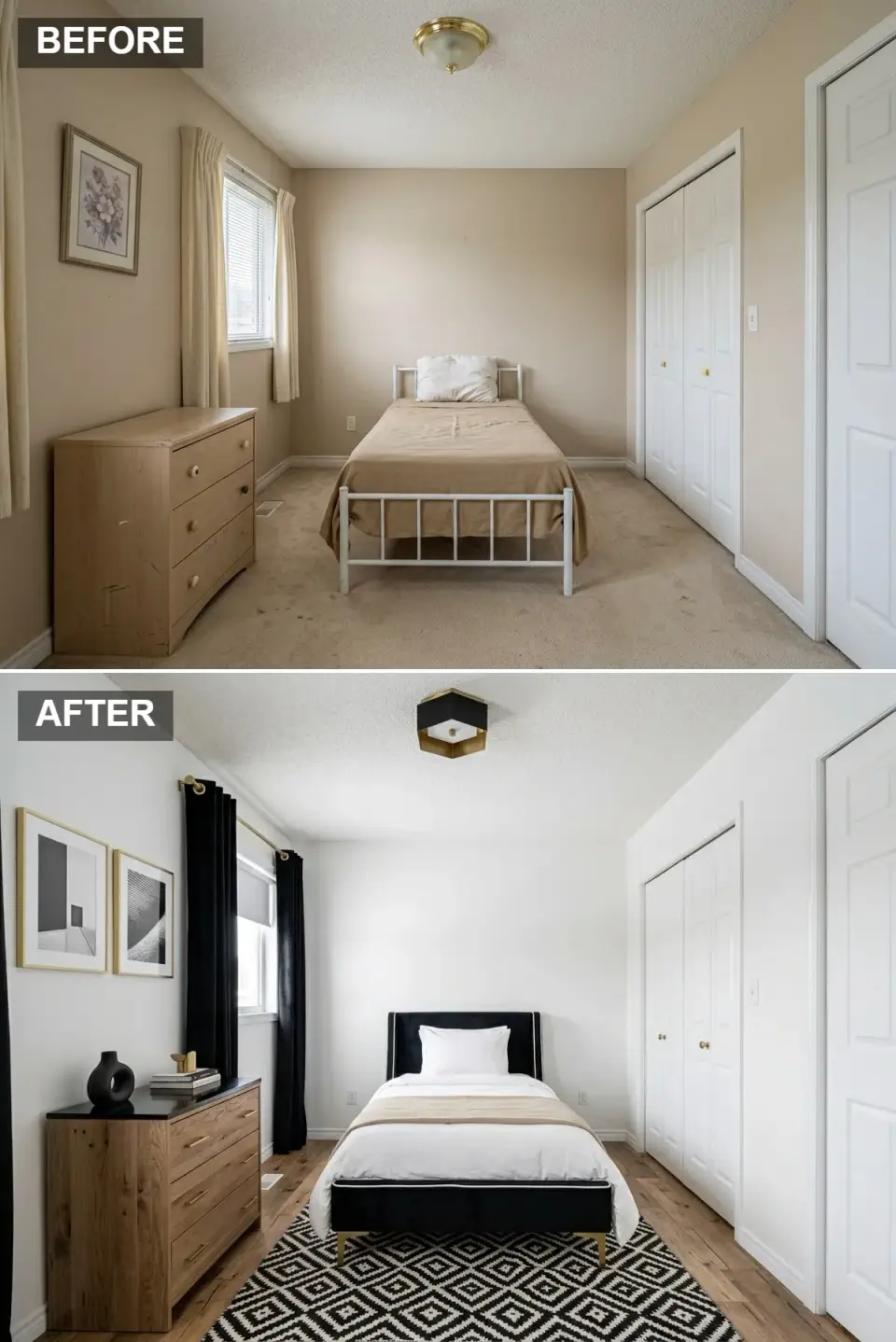 Modern monochrome kids' bedroom with crisp white walls, natural oak hardwood floor, black velvet platform bed with brass legs and white bedding, oak dresser topped with black stone and brass pulls, black velvet curtains, architectural prints in thin brass frames, and graphic black-and-white diamond rug
