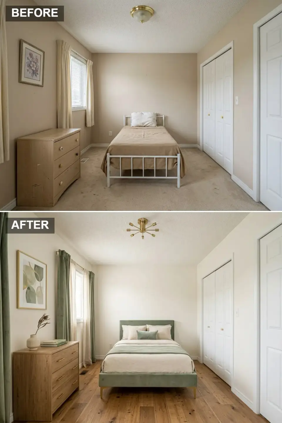 Sage green children's bedroom with warm alabaster white walls, natural oak hardwood, sage green velvet platform bed with brass legs and white linens, clean-lined oak dresser with brass pulls, sage velvet curtains layered over sheer white panels, brass sputnik fixture, and a single botanical print