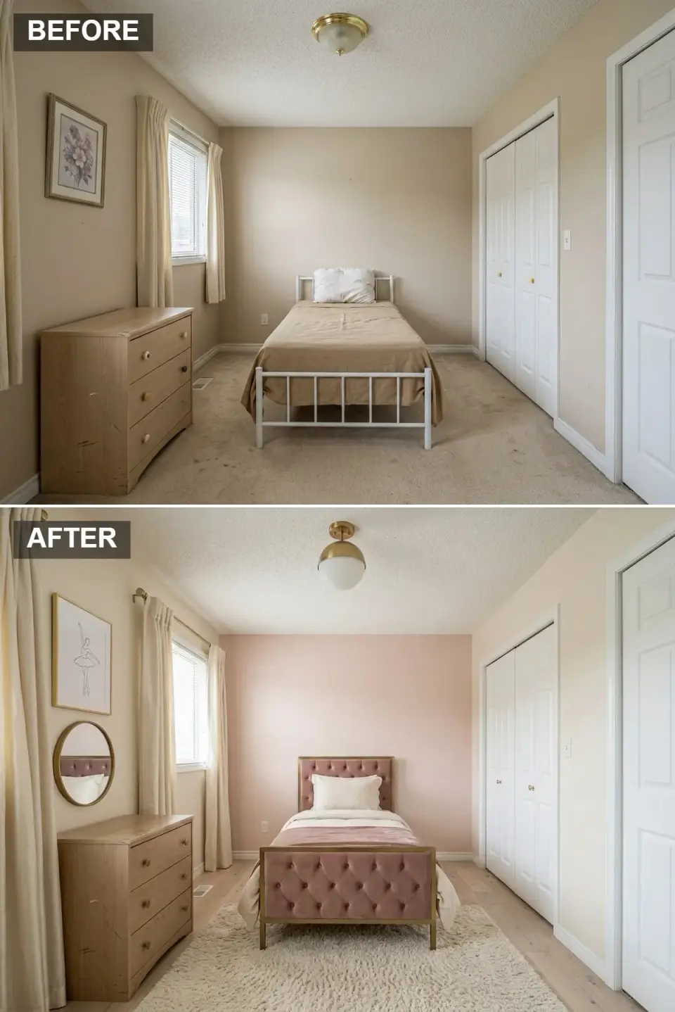 Ballet-inspired blush kids' bedroom with soft dusty rose walls, whitewashed oak flooring, dusty-rose tufted velvet bed with antique brass frame, light oak dresser with brass knobs, cream linen curtains, cream shag rug, round brass mirror, and a delicate ballerina line drawing in a gold frame