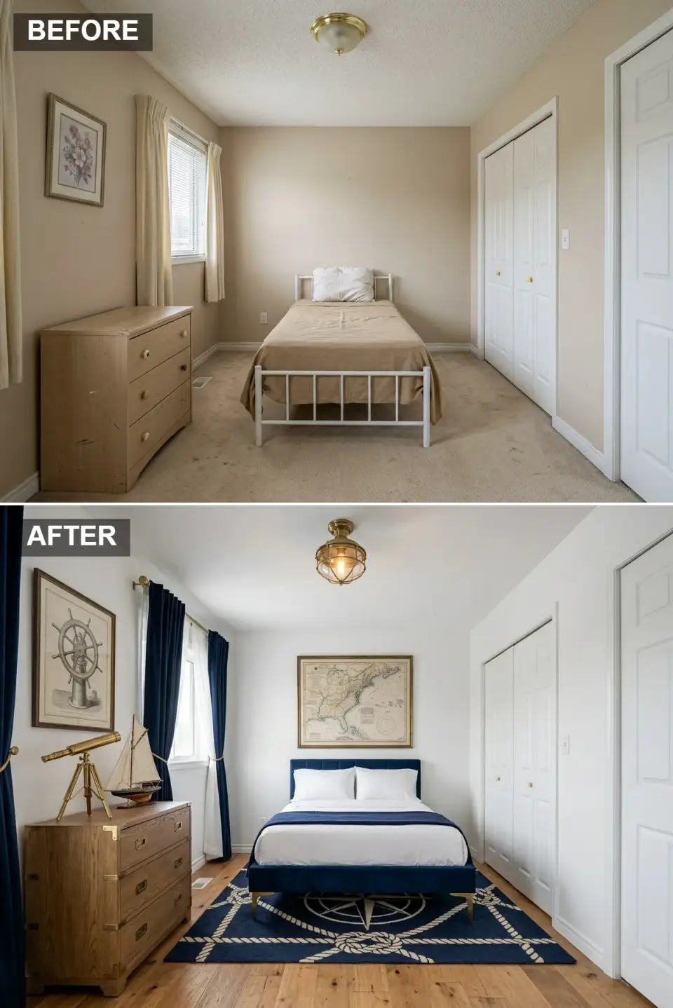 Nautical kids' bedroom with bright white walls, warm oak hardwood, navy velvet platform bed with brass legs and crisp white hotel-style linens, campaign-style oak chest with brass corners, navy velvet curtains, brass caged lantern, vintage map above the bed, ship-wheel etching, brass telescope, model sailboat, and navy-and-white compass rug
