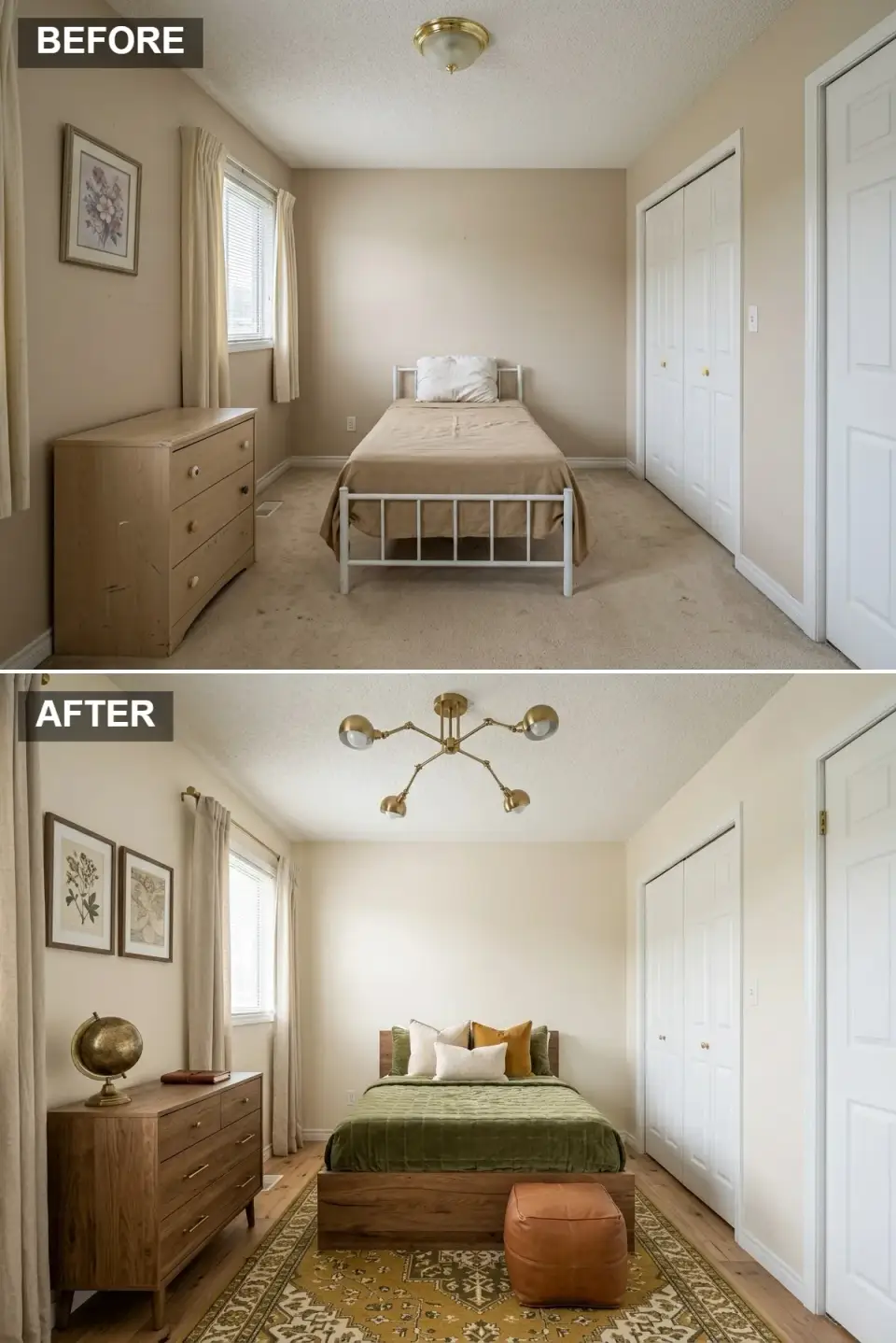 Mid-century explorer kids' bedroom with warm cream walls, medium oak hardwood, low walnut platform bed with olive green velvet quilt and mustard, white, and olive pillows, mid-century walnut dresser with brass pulls, botanical prints, vintage globe, brass branch chandelier, mustard Persian-style rug, and cognac leather pouf