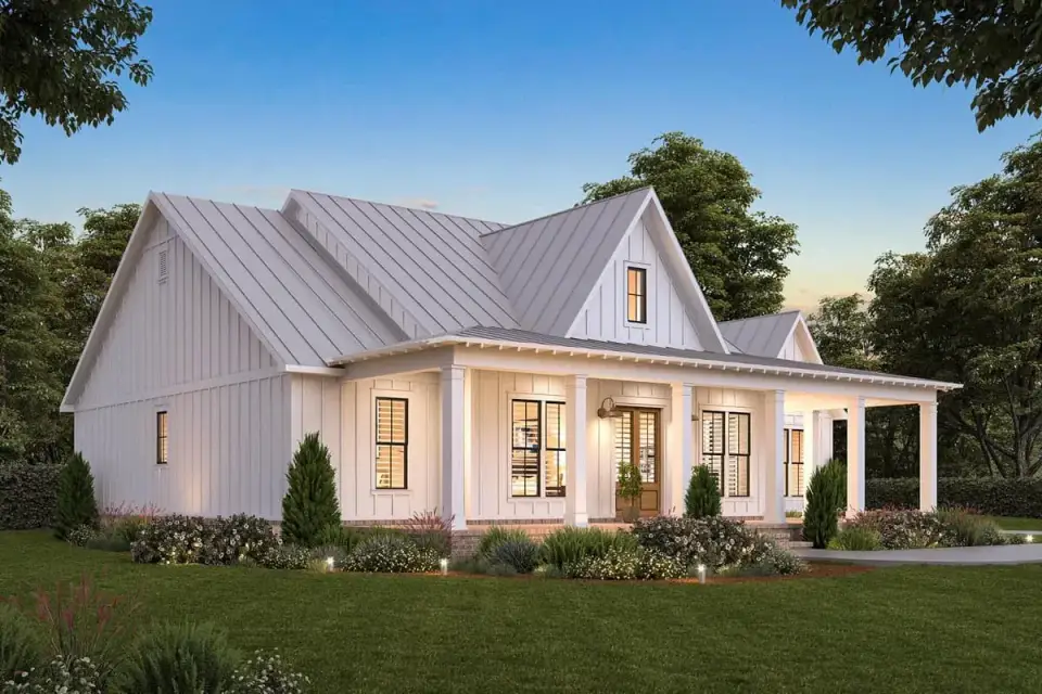 Rear elevation with large covered patio connecting to the vaulted great room