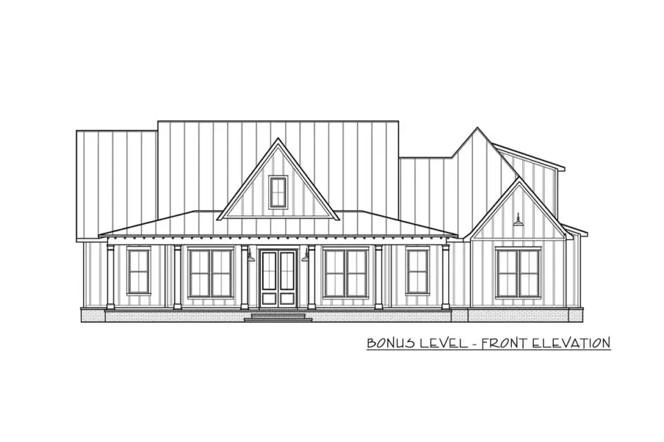 Side elevation showing stone foundation, board-and-batten gable and tall dark-framed windows
