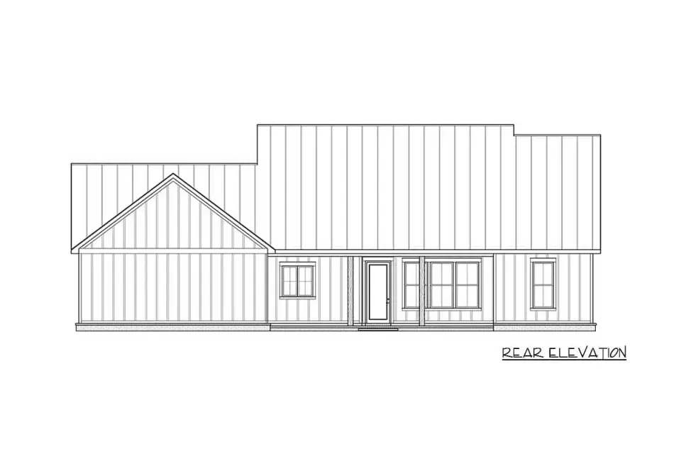 Evening rendering with porch lighting highlighting mixed board-and-batten, stone and metal roof textures