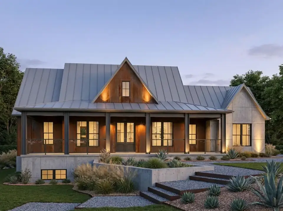 Industrial rustic variation with Corten steel panels, exposed steel I-beams supporting porch, board-formed concrete foundation and drought-resistant landscape