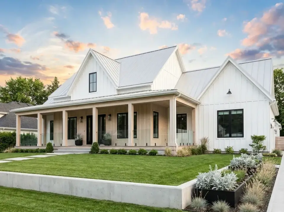 Scandinavian modern variation with crisp white board-and-batten, natural light wood porch columns, black window frames and white metal roof