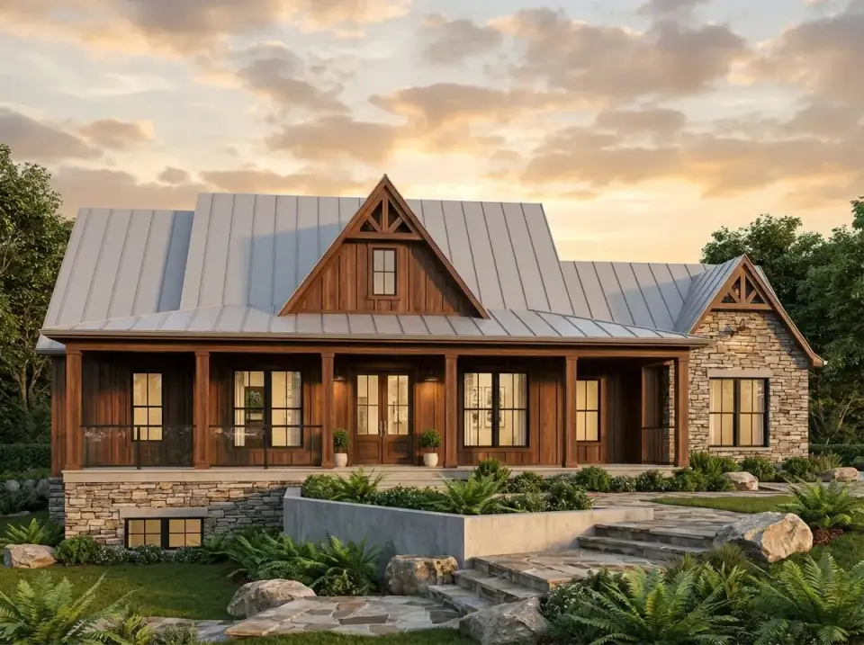 Rustic Craftsman farmhouse variation with heavy timber gable trusses, dark stained wood siding, substantial stone veneer and naturalistic fern landscape