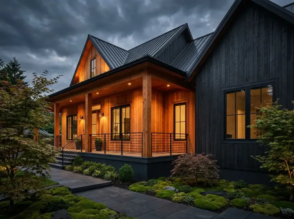 Moody contemporary variation with charred Shou Sugi Ban siding, dark metal roof, honey-wood porch soffits and Japanese-inspired maple and moss landscape