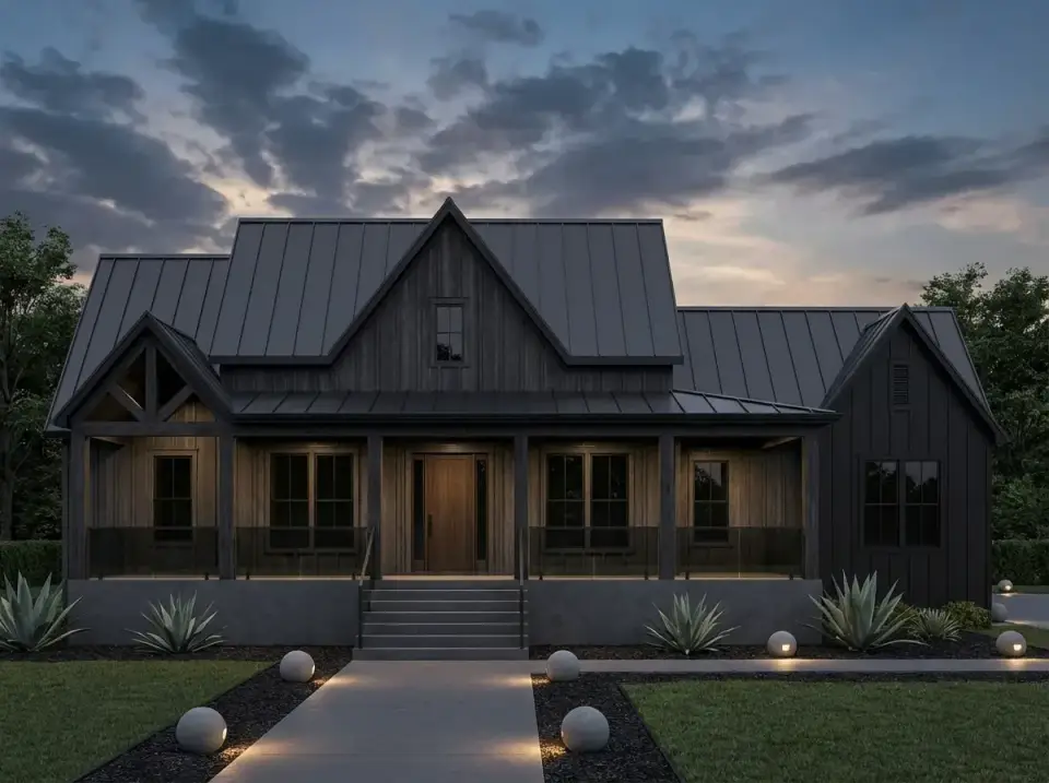 Monochrome modern variation with matte black board-and-batten, black metal roof, dark wood front door and severe agave and concrete sphere landscape