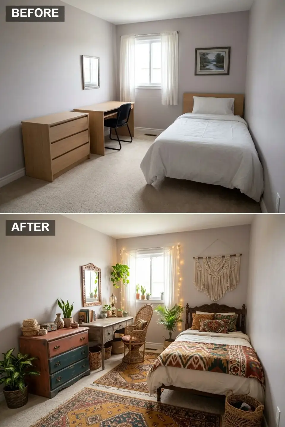 Bohemian teen bedroom with carved dark wood bed frame, layered patterned textiles, distressed wood dresser, wicker chair, macrame wall hanging, abundant trailing plants and warm string lighting