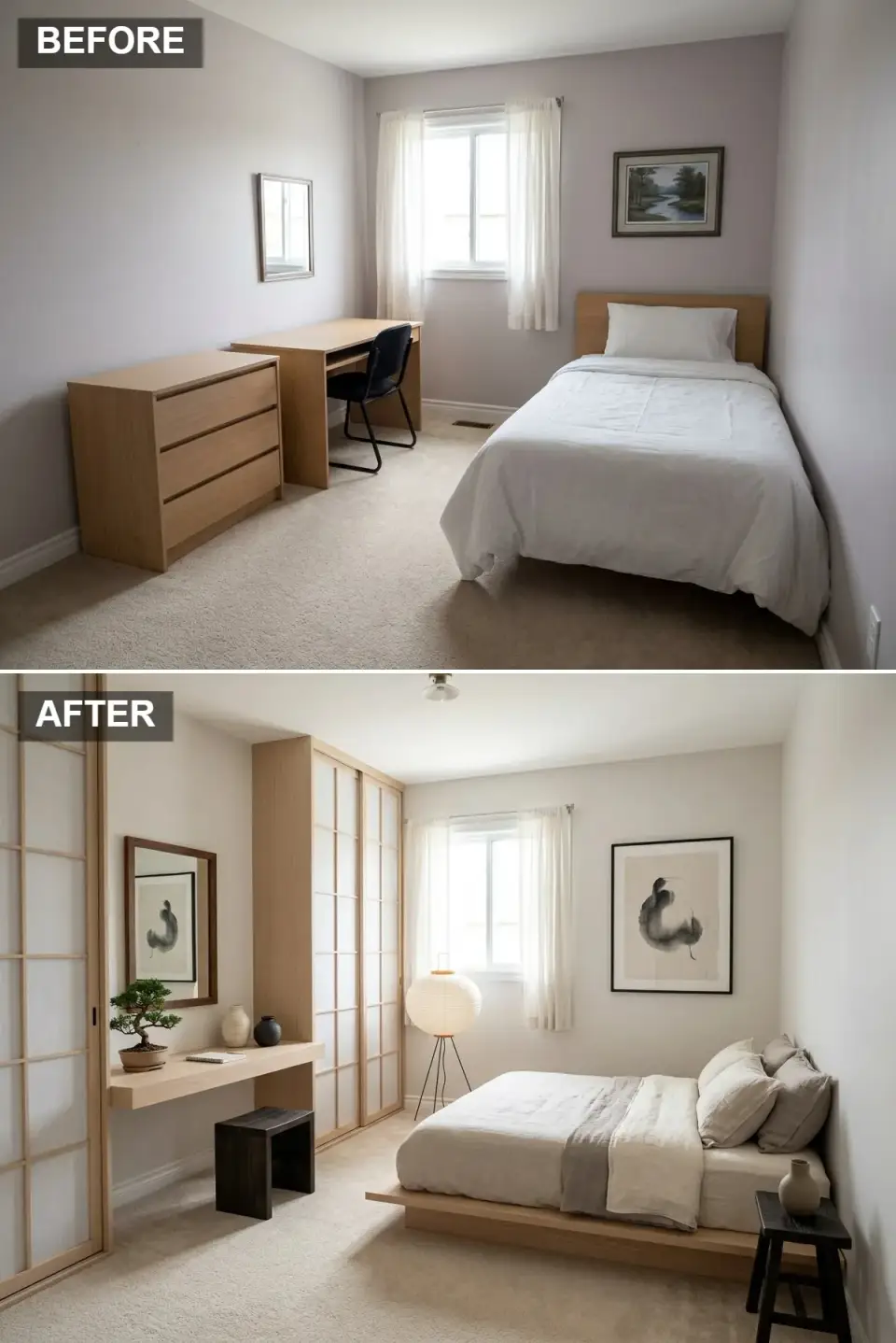 Japandi teen bedroom with low platform bed, shoji screen closet doors, minimalist floating desk, simple wooden stool, paper lantern floor lamp, bonsai tree and ink wash art