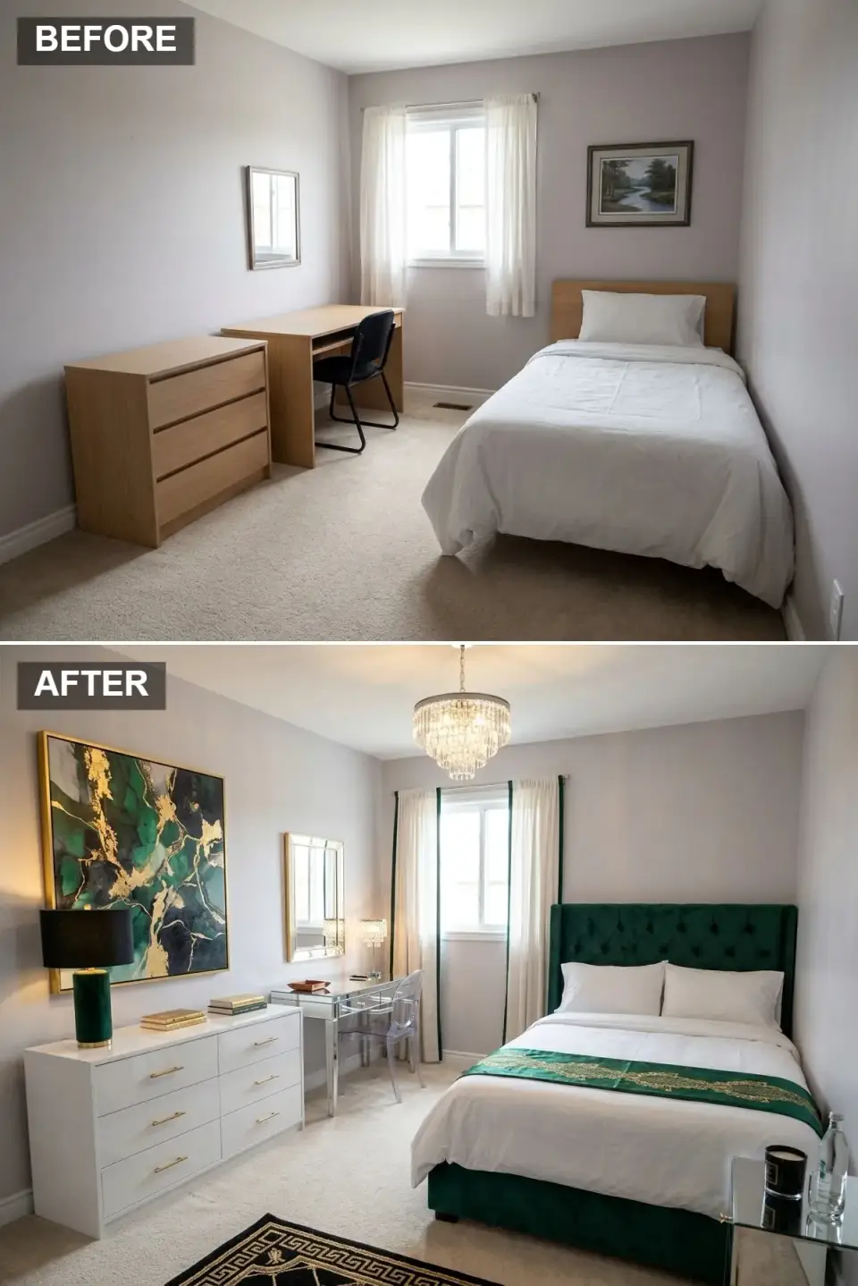 Opulent emerald glamour teen bedroom with emerald green velvet tufted bed, white and gold bedding, mirrored desk and side table, crystal chandelier, ghost chair and large-scale abstract art in green and gold