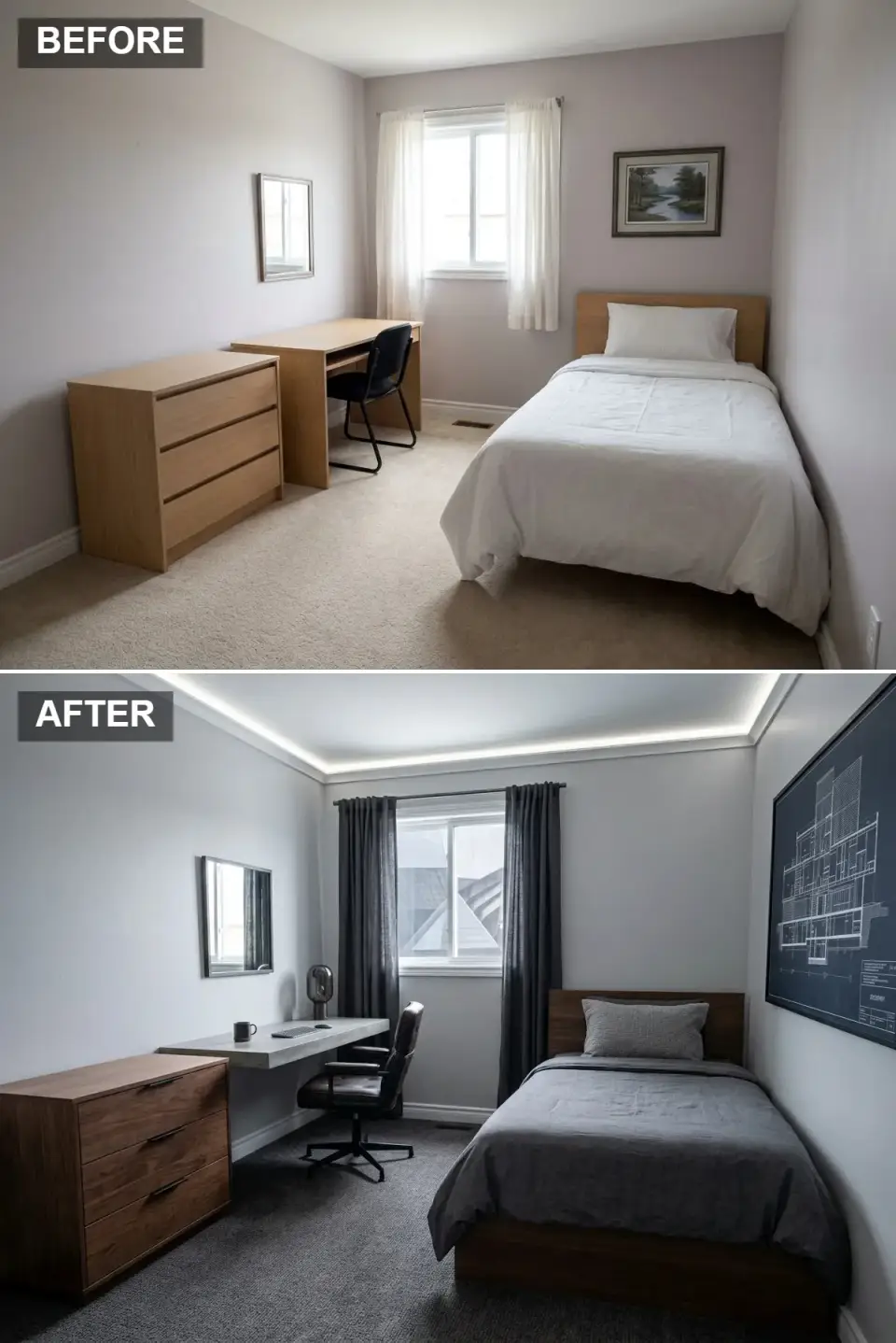 Modern industrial teen bedroom with dark walnut bed frame, floating concrete desk, modern leather office chair, dark grey curtains, large architectural blueprint wall art and architectural cove lighting on the ceiling