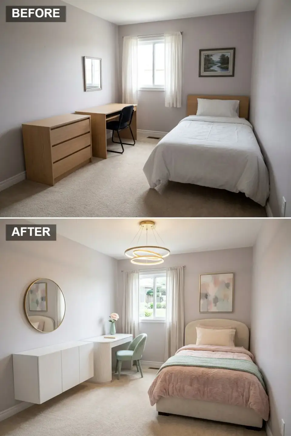 Feminine glam teen bedroom with curved upholstered headboard, fluted desk, floating white credenza, blush pink and sage green accents, large round gold mirror and modern gold pendant chandelier