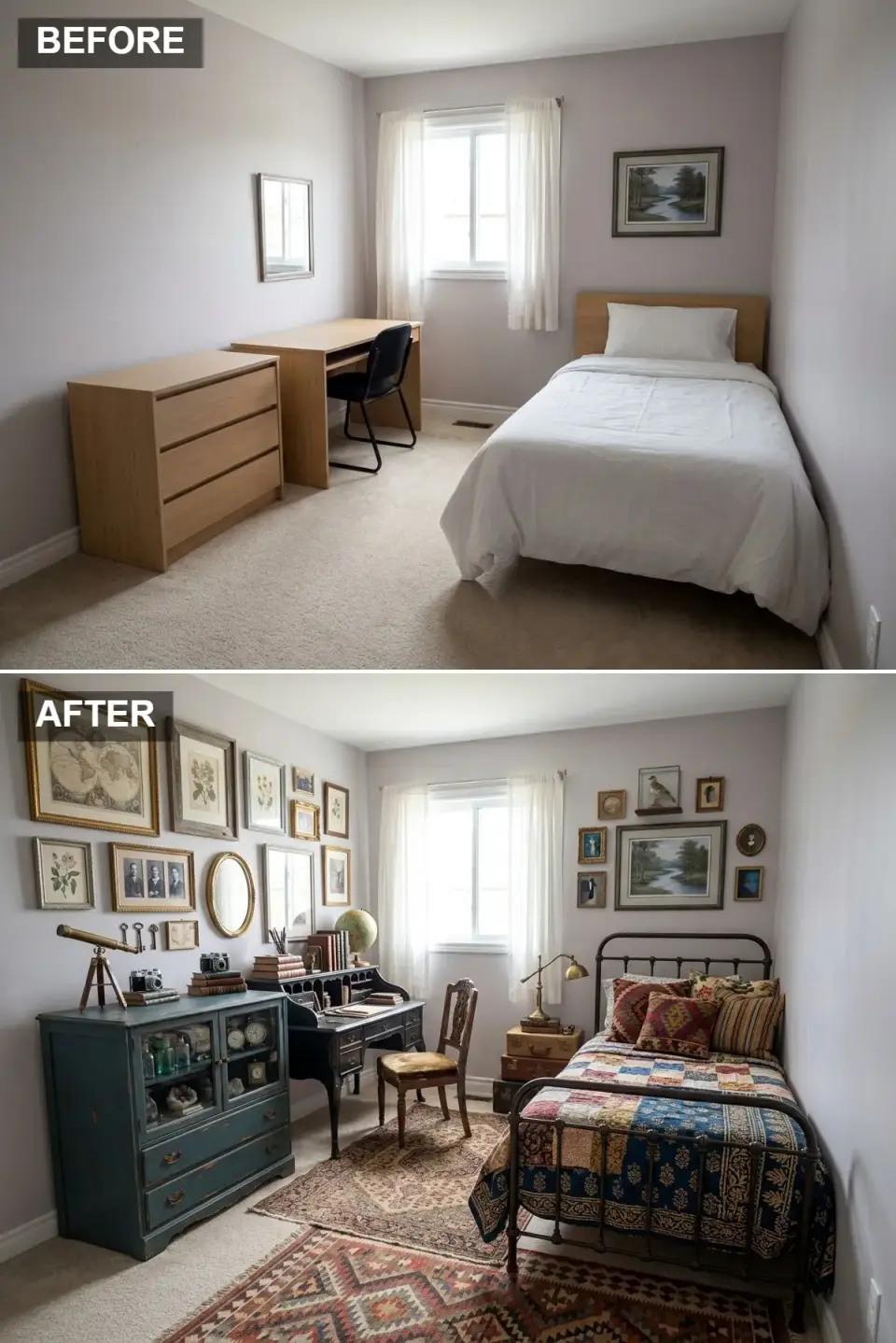 Vintage academic teen bedroom with metal bed frame, rich red and blue patchwork quilt, antique secretary desk, vintage chair, distressed deep teal display cabinet and sprawling gallery wall of vintage prints in mismatched gold frames