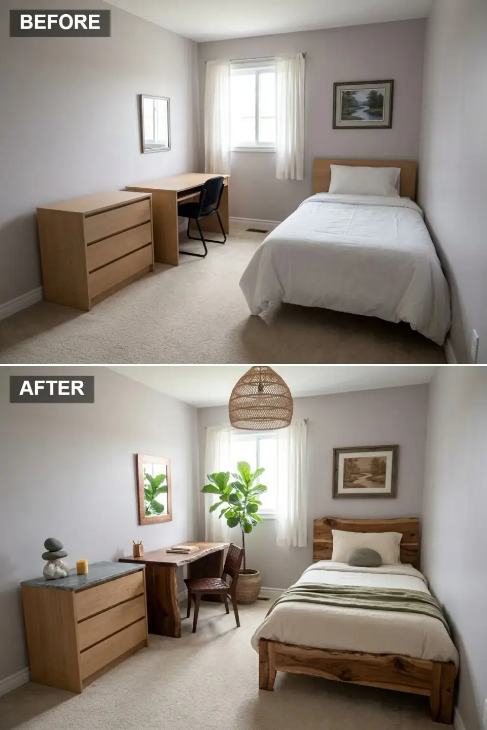 Organic modern teen bedroom with live-edge wood bed and matching desk, stone-topped dresser, woven leather chair, large woven pendant light and tall fiddle leaf fig tree