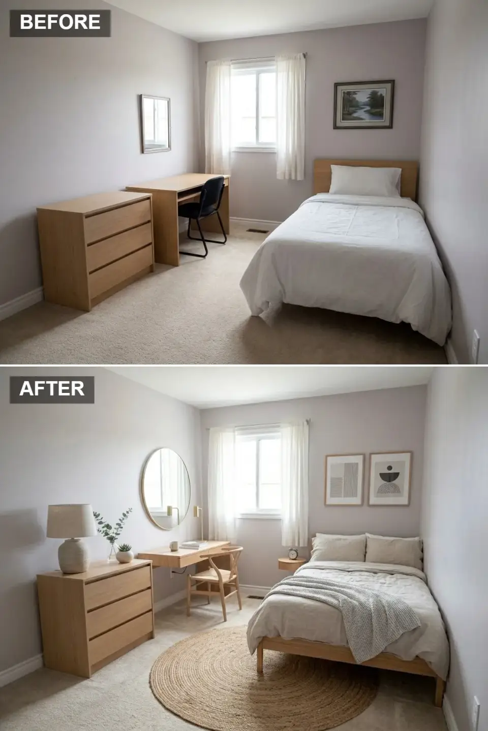Scandinavian minimalist teen bedroom with light oak furniture, linen bedding in neutral tones, large round jute rug, minimalist wall art and simple round mirror