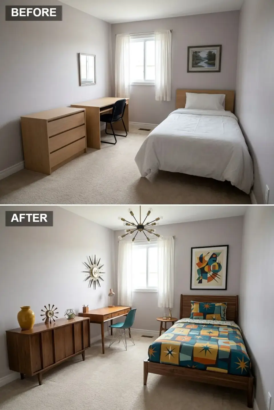 Mid-Century Modern teen bedroom with iconic walnut credenza and desk, geometric patterned bedding in teal mustard and orange, sputnik chandelier, molded plastic chair and starburst clock