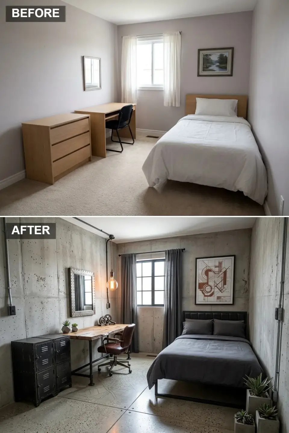 Edgy industrial loft teen bedroom with faux concrete walls, exposed electrical conduit, metal bed, locker-style cabinet, live-edge wood and metal pipe desk and industrial pendant lighting