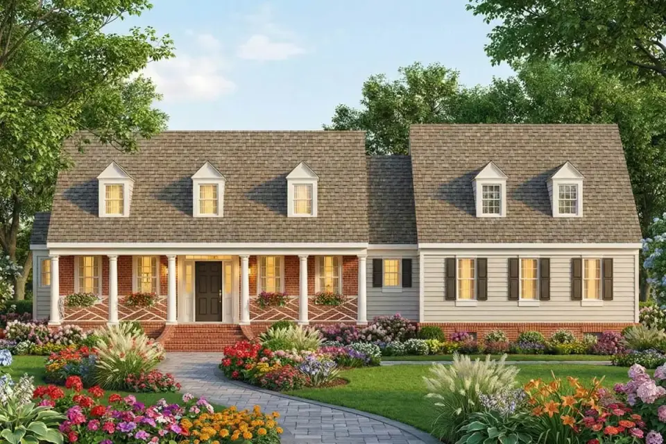 Cape Cod house plan 12254JL front exterior with five dormers and full-width porch