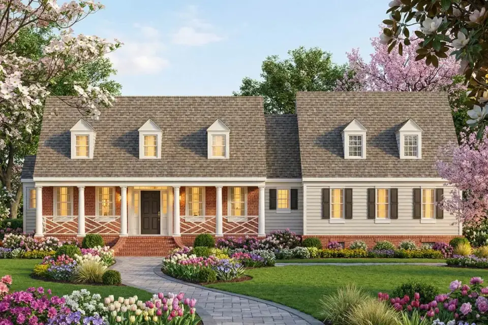 Brick front elevation of Cape Cod plan 12254JL with white siding and dark shutters