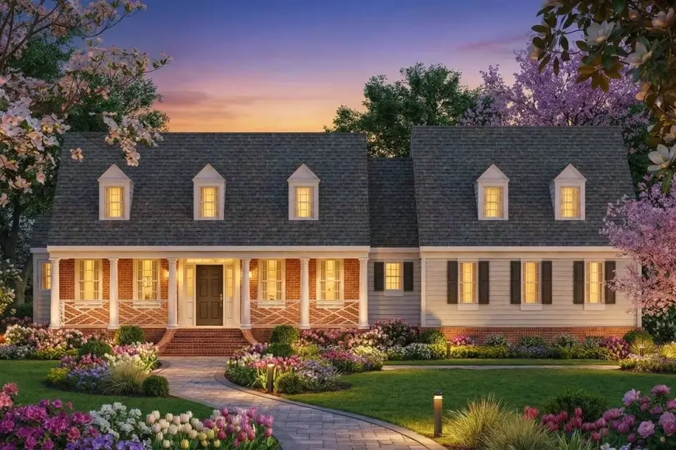 Side massing of Cape Cod plan 12254JL showing living volume and garage wing