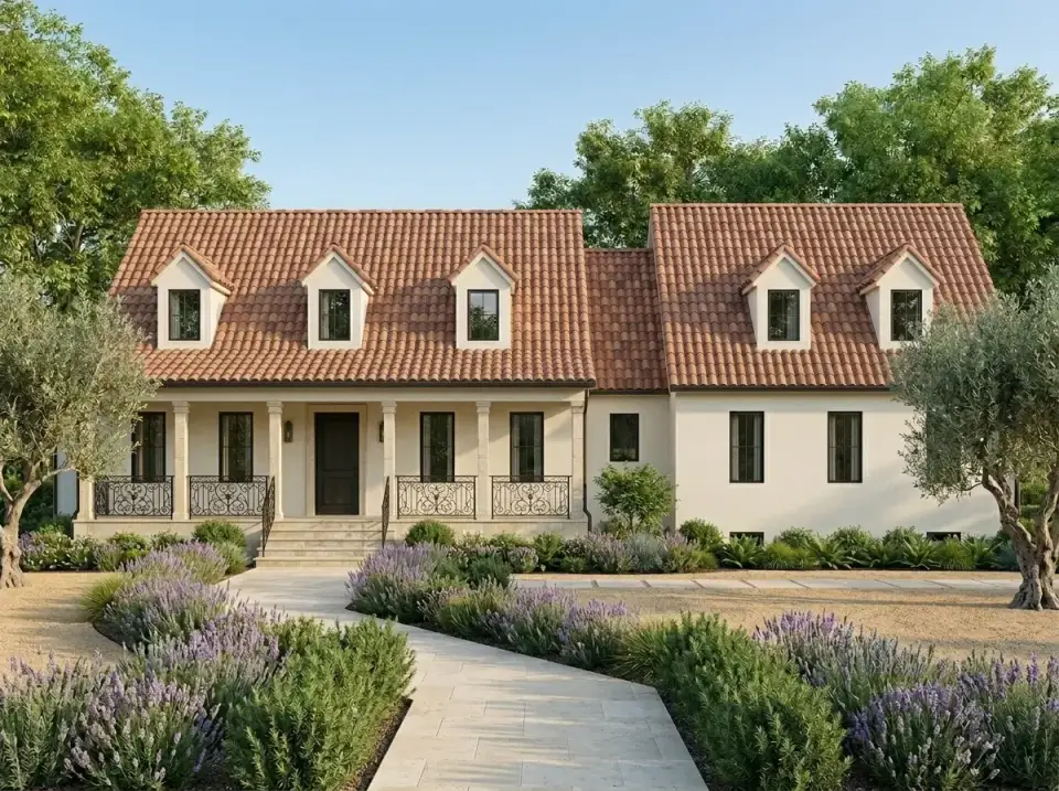 Mediterranean revival facade of Cape Cod plan 12254JL with terracotta tile and stucco