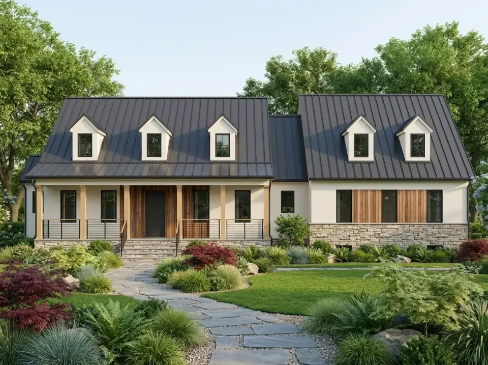 Mountain modern facade of Cape Cod plan 12254JL with standing seam roof and stone wainscot