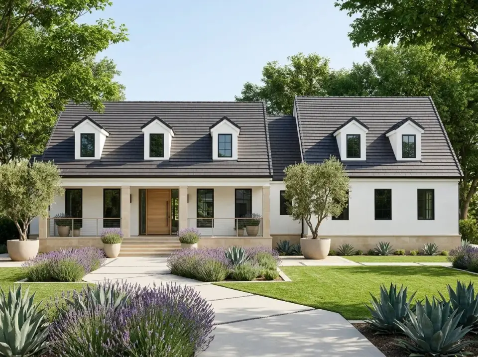 California transitional facade of Cape Cod plan 12254JL with white stucco and olive trees
