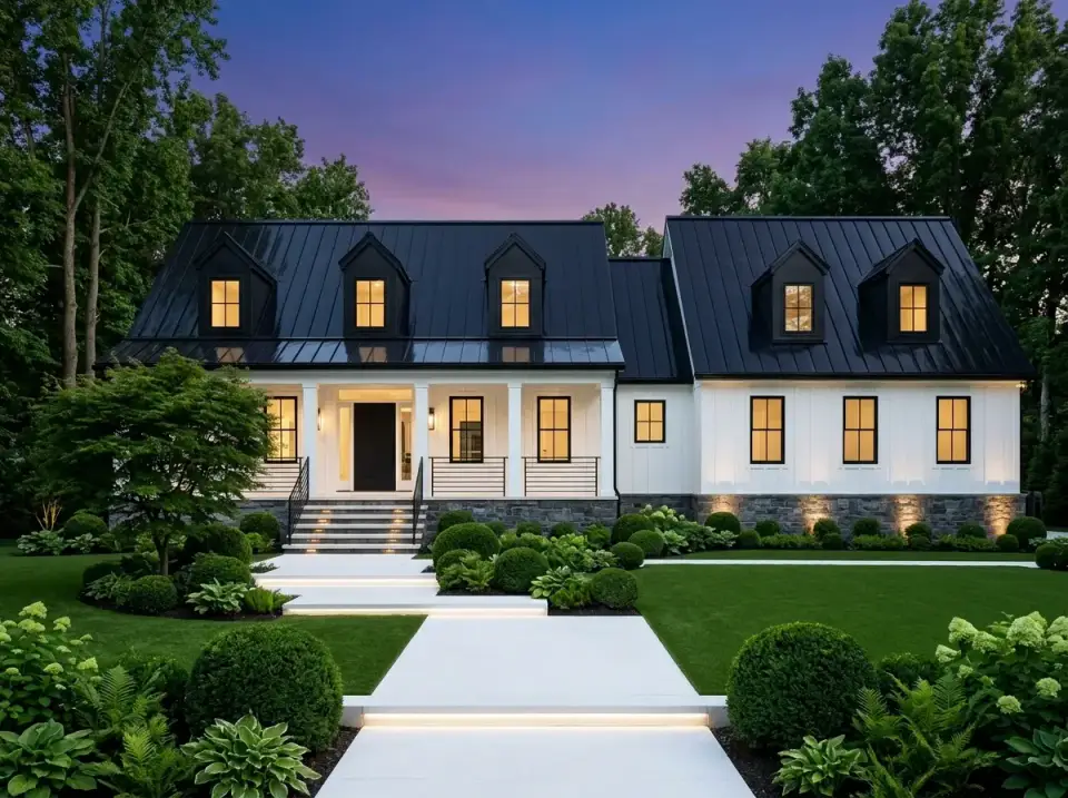 High-contrast modern farmhouse facade of Cape Cod plan 12254JL with black roof and white board and batten