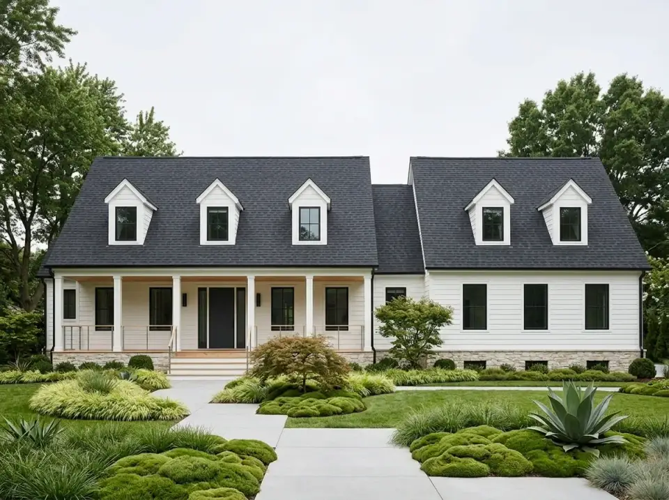 Minimalist Scandinavian cottage facade of Cape Cod plan 12254JL with white clapboard and moss landscaping