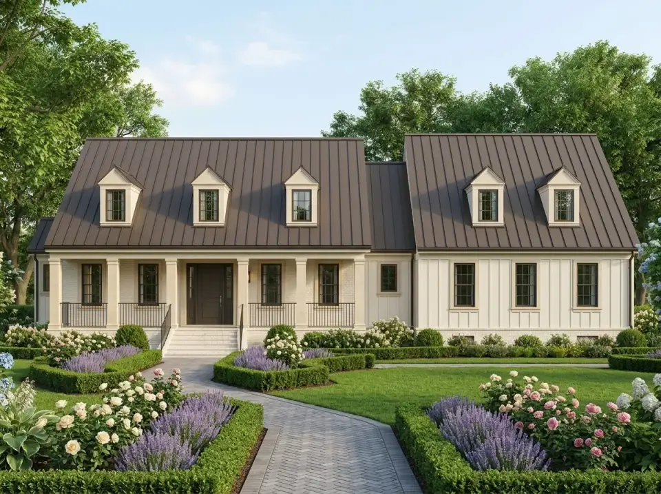 Formal traditional Cape facade of plan 12254JL with brown roof and herringbone brick walk