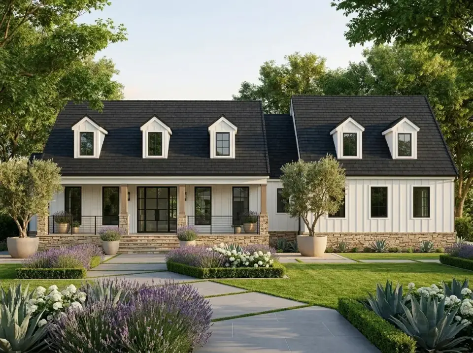 Updated Cape Cod facade of plan 12254JL with glass front door and black window frames