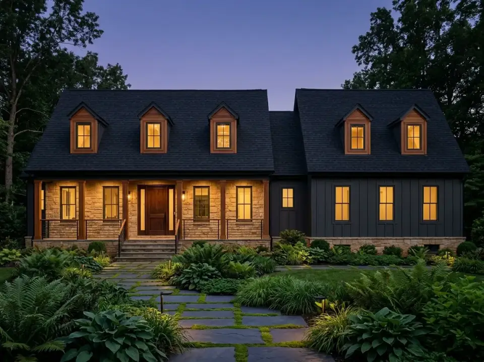 Rustic lodge facade of Cape Cod plan 12254JL with stone cladding and dark garage wing